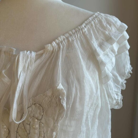 Sheer Ruffle White Peasant Blouse with Beaded Lace Applique - Smocked Hem – US M - Picture 4 of 9